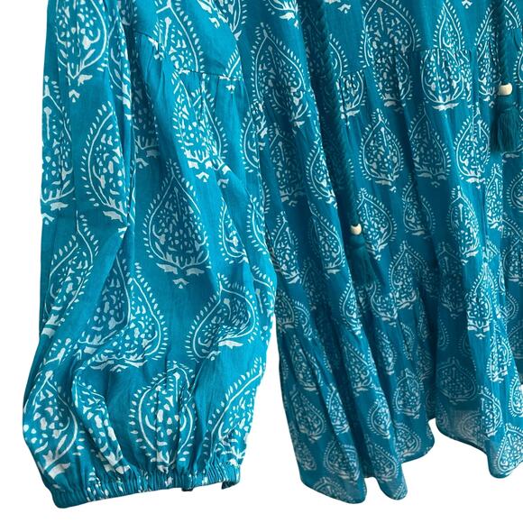 NWT Tuckernuck Tropical Teal Lantern Block Print Tie Neck Caftan Dress Large - Picture 3 of 7